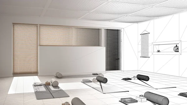 Concepto de interiorista arquitecto: proyecto inacabado que se convierte en un estudio de diseño de yoga real y vacío, espacio abierto con esteras y accesorios, listo para practicar yoga, sala de meditación —  Fotos de Stock