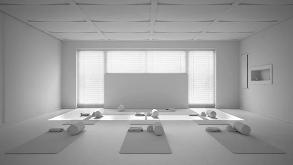 Proyecto blanco total borrador de estudio de yoga vacío diseño interior, espacio abierto con esteras, almohadas y accesorios, persiana veneciana de bambú, parquet, listo para la práctica de yoga, sala de meditación —  Fotos de Stock