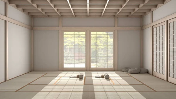 Tomt yogastudio, öppen planlösning med mattor, kuddar och accessoarer, tatami, futon, trätak, fönster med zen trädgårdspanorama, redo för yogautövande, meditationsrum — Stockfoto