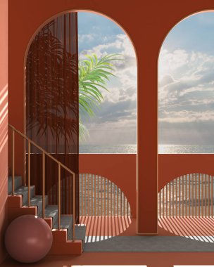 Rüya gibi teras, deniz batımında ya da ay ve bulutlu gökyüzü ile gün doğumunda, tropikal palmiye ağaçları, turuncu sıva kemerleri, halılı merdiven, klasik balustrade, iç tasarım.