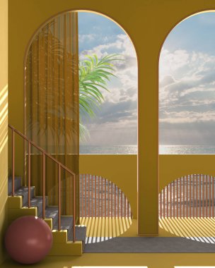 Rüya gibi teras, deniz batımında ya da ay ve bulutlu gökyüzü ile gün doğumunda tropikal palmiye ağaçları, sarı alçılı kemerler, halılı merdiven, klasik balustrade, iç tasarım.