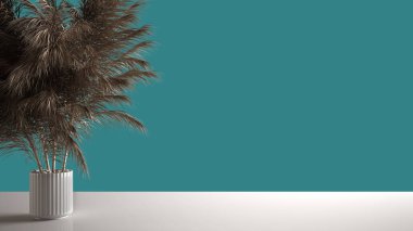 Beyaz masa üstü ya da raf içinde pipetler, kuru bitkiler, süs, kulaklar, ot, durgun hayat, çarşaf, vazo dalı, ev bitkisi, mavi arkaplan, modern iç tasarım