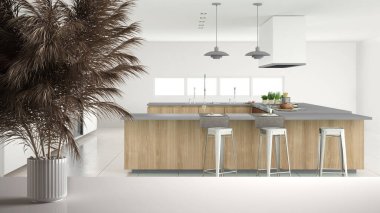 Beyaz masa üstünde ya da rafta pipetler, kuru bitkiler, süs, kulaklar, çarşaf, vazo dalları, aksesuarlı ahşap ve beyaz mutfak, modern iç tasarım