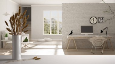 Beyaz masa üstünde ya da rafta pipetler, kuru bitkiler, süs, kulaklar, çarşaf, vazo, beyaz oturma odası üzerinde kanepe ve işyeri, parke, modern minimal iç tasarım