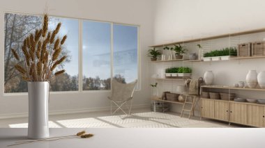 Beyaz masa üstünde ya da rafta pipetler, kuru bitkiler, süs, kulaklar, çarşaf, vazo dalları, beyaz oturma odasında koltuk ve kitaplık, parke, modern minimal iç tasarım