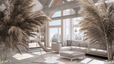 Beyaz masa üstünde ya da rafta pipetler, kuru bitkiler, süs, kulaklar, çarşaf, vazo dalı, beyaz oturma odasında kanepe, puf ve halı, parke, modern minimal iç tasarım