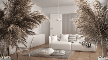 Beyaz masa üstünde ya da rafta pipetler, kuru bitkiler, süs, kulaklar, çarşaf, vazo dalı, beyaz oturma odasında kanepe, puf ve pencere, parke, modern minimal iç tasarım