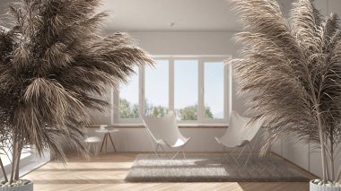 Çakıl taşları, kuru bitkiler, süs, kulaklar, çarşaf, vazo dalları, beyaz oturma odası, koltuklar, halı, pencere, parke, modern iç tasarım