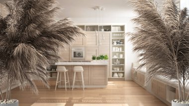 Çakıl taşları, kuru bitkiler, süs, kulaklar, çarşaf, vazo dalları aksesuarlı ahşap ve beyaz mutfak, modern iç tasarım