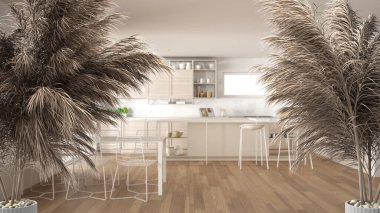 Çakıl taşları, kuru bitkiler, süs, kulaklar, çarşaf, vazo dalları aksesuarlı ahşap ve beyaz mutfak, modern iç tasarım