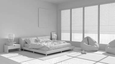 Modern yatak odasının tam beyaz projesi, büyük panoramik pencere, halı ve puf kaplı çift yatak, ringa kemiği parke döşemesi, minimal iç tasarım, rahatlama konsepti fikri, mimari