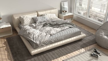 Parlak pastel tonlarda modern yatak odası, büyük panoramik pencere, çift katlı halı ve puf, herringbone parke döşeme, minimal iç tasarım, rahatlama konsepti fikri, üst manzara