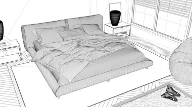 Proje taslağı, modern yatak odası, büyük panoramik pencere, halı ve puf kaplı çift yatak, herringbone parke zemin, minimal iç tasarım, plan, üst manzara, mimari