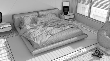 Modern yatak odasının tamamlanmamış projesi, büyük panoramik pencere, çift katlı halı ve puf, ringa kemiği parke döşemesi, minimal iç tasarım, mimari, üst manzara, plan, yukarıda