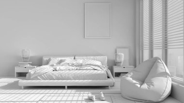 Modern yatak odasının tam beyaz projesi, büyük panoramik pencere, halı ve puf kaplı çift yatak, ringa kemiği parke döşemesi, minimal iç tasarım, rahatlama konsepti fikri, mimari