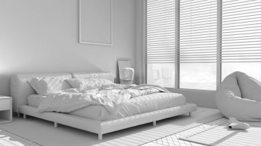 Modern yatak odasının tam beyaz projesi, büyük panoramik pencere, halı ve puf kaplı çift yatak, ringa kemiği parke döşemesi, minimal iç tasarım, rahatlama konsepti fikri, mimari