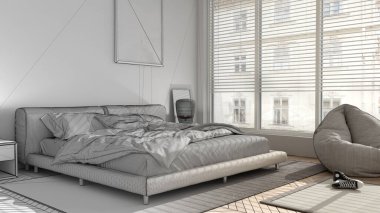 Mimari iç mimar konsepti: tamamlanmamış proje gerçek, modern yatak odası, büyük panoramik pencere, halı ve puf, parke, minimal iç tasarım