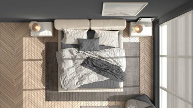 Gri renkte modern yatak odası, büyük panoramik pencere, çift katlı halı ve puf, herringbone parke döşeme, minimal iç tasarım, gevşeme konsepti fikri, üst manzara
