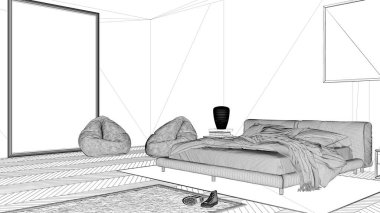 Proje taslağı, modern yatak odası, büyük panoramik pencere, çift katlı halı ve puf, herringbone parke döşeme, minimal iç tasarım, rahatlama konsepti fikri, mimari