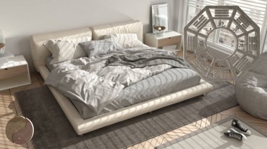 Feng shui danışmanlık, yatak odası planı, bagua ve tao sembollü üst görünüm, yin ve yang polaritesi, monogram konsept arka plan
