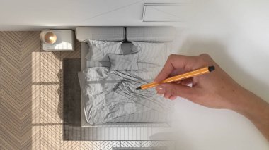 Mimari iç mimar konsepti: alan gerçek, klasik modern beyaz ve ahşap yatak odasıyla çift kişilik yatak odası haline gelirken el yapımı iç mimari bir proje