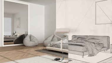 Boyalı paten çizimi iç tasarım tasarım tasarım tasarımı arka plan. Bu arada alan modern yatak odasını göstererek gerçek hale geliyor. Önce ve sonra, mimar tasarımcı yaratıcı iş akışı