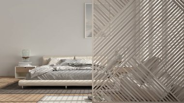 Tahta panel yakın plan, lüks modern yatak odası çift yatak, parke zemin. Minimalist zen iç tasarım fikri, çağdaş