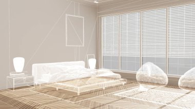 Beyaz duvarları ve herringbone parke ahşap zemin, özel mimari tasarım projesi, beyaz mürekkep çizimi, modern yatak odasını gösteren plan, mimari fikir.