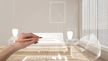 Ahşap parke zemin, el çizimi özel mimari tasarım, beyaz mürekkep çizimi, modern yatak odasını çift yatak odalı, konsept, taklit, fikir içeren planlar.