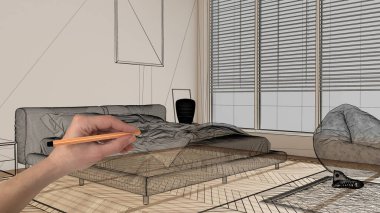 Ahşap parke zemin, el çizimi, özel mimari tasarım, siyah mürekkep çizimi, modern yatak odasını çift yatak odalı, konsept, model, fikir