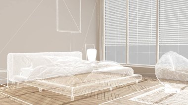 Beyaz duvarları ve herringbone parke ahşap zemin, özel mimari tasarım projesi, beyaz mürekkep çizimi, modern yatak odasını gösteren plan, mimari fikir.