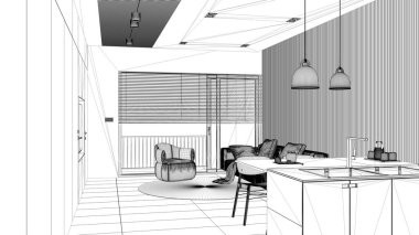 Proje taslağı, modern oturma odası, panoramik pencere, yuvarlak halılı koltuk, yemek masası, ada. Döşeme döşemesi, iç tasarım.