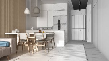 Mimari iç mimar konsepti: tamamlanmamış proje gerçek, kanepeli modern oturma odası, sandalyeli yemek masası, adalı mutfak. Mermer zemin, tasarım