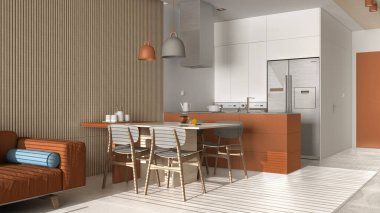 Turuncu tonlarda modern oturma odası ve ahşap duvar detayları, kanepe, sandalyeli yemek masası, adalı mutfak, aletler ve kolye lambaları. Mermer zemin, iç tasarım.