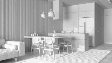 Tamamen beyaz projeli modern oturma odası kanepesi, sandalyeli yemek masası, adalı mutfak, aletler ve kolye lambaları. Mermer zemin, iç tasarım.