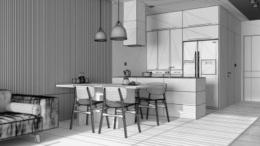 Modern oturma odasının bitmemiş projesi kanepesi, sandalyeli yemek masası, adalı mutfak, aletler ve kolye lambaları. Mermer zemin, iç tasarım.