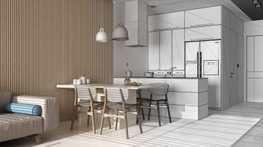 Mimari iç mimar konsepti: tamamlanmamış proje gerçek, kanepeli modern oturma odası, sandalyeli yemek masası, adalı mutfak. Mermer zemin, tasarım