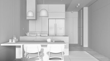 Yemek odası ve ahşap duvar detaylarıyla modern mutfağın tam beyaz projesi, sandalyeli masa, kolye lambalı ada, aletler ve dekorlar. Mermer döşemeler, iç tasarım.