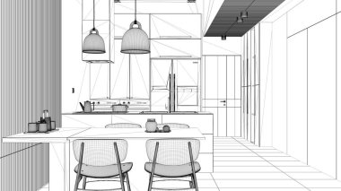 Yemek odası ve ahşap duvar detaylarıyla modern mutfağın taslağı, sandalyeli masa, kolye lambalı ada, alet edevat ve dekorlu. Döşeme döşemesi, iç tasarım.