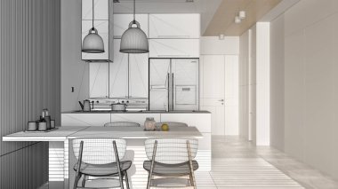 Mimar iç mimar konsepti: Bitmemiş proje gerçek oluyor, yemek odası, ahşap duvar, masa, sandalye, kolye lambalı ada ile modern mutfak. Döşemeler, dizayn