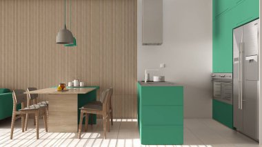 Turkuaz tonlarda modern oturma odası ve ahşap duvar ayrıntıları, kanepe, sandalyeli yemek masası, adalı mutfak, aletler ve kolye lambaları. Mermer zemin, iç tasarım.