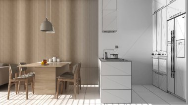 Mimar iç mimar konsepti: Tamamlanmamış proje gerçek, ahşap duvarlı modern oturma odası, sandalyeli yemek masası, adalı mutfak. Döşemeler, dizayn