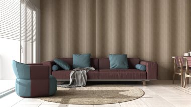 Kırmızı tonlarda modern oturma odası ve ahşap duvar detayları, yastıklı kanepe, koltuk, yuvarlak halı, sandalyeli yemek masası, eşyalar ve dekorlar. Mermer zemin, iç tasarım.