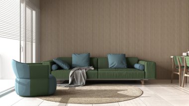 Yeşil tonlarda modern oturma odası ve ahşap duvar detayları, yastıklı kanepe, koltuk, yuvarlak halı, sandalyeli yemek masası, eşyalar ve dekorlar. Mermer zemin, iç tasarım.