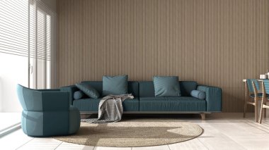 Mavi tonlarda modern oturma odası ve ahşap duvar detayları, yastıklı kanepe, koltuk, yuvarlak halı, sandalyeli yemek masası, eşyalar ve dekorlar. Mermer zemin, iç tasarım.