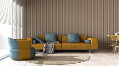 Sarı tonlarda modern oturma odası ve ahşap duvar detayları, yastıklı kanepe, koltuk, yuvarlak halı, sandalyeli yemek masası, eşyalar ve dekorlar. Mermer zemin, iç tasarım.