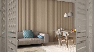 Minimalist klasik mutfakta beyaz katlı kapı açılıyor. Ada ve sandalyeler, kanepe ve halı, mermer zemin, beyaz iç tasarım, mimar tasarım konsepti, bulanık arkaplan.