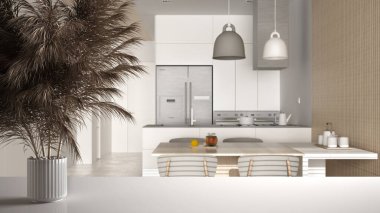 Beyaz masa üstünde ya da rafta pipetler, kuru bitkiler, süs, kulaklar, çarşaf, vazo dalları, aksesuarlı ahşap ve beyaz mutfak, modern iç tasarım