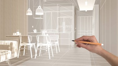Mermer döşemeli boş beyaz döşeme, el yapımı mimari tasarım, beyaz mürekkep çizimi, modern oturma ve yemek odasını gösteren plan, konsept, model, fikir.