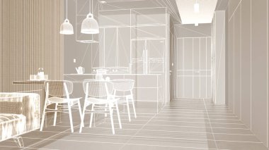 Beyaz duvarları ve herringbone parke ahşap zemin, özel mimari tasarım projesi, beyaz mürekkep çizimi, modern oturma odasını gösteren plan, mimari